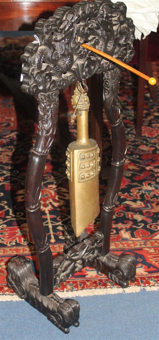 A Chinese rosewood stand and bronze bell, late 19th century, 82cm